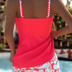 Hot pink ruched tankini swim set, square back straps, with red-blue paisley print skirt