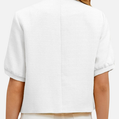 Back view cropped white tweed blazer jacket with short sleeves and center seam