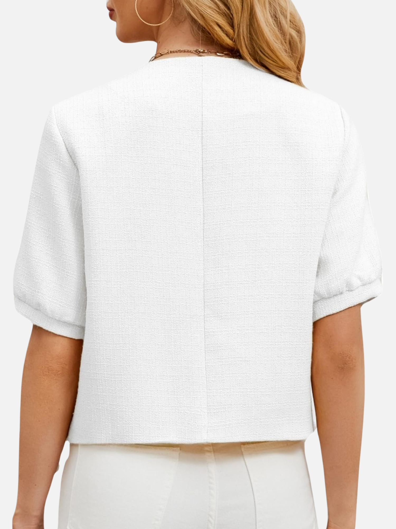 Back view cropped white tweed blazer jacket with short sleeves and center seam