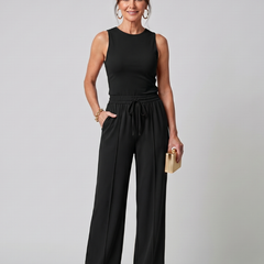 Black sleeveless top and wide-leg pants set with elastic drawstring waist