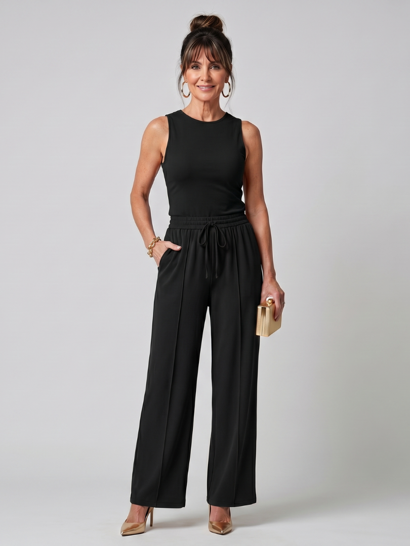 Black sleeveless top and wide-leg pants set with elastic drawstring waist