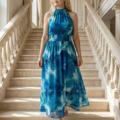 Gathered halter midi dress, blue floral tie-dye halter with gathered waist