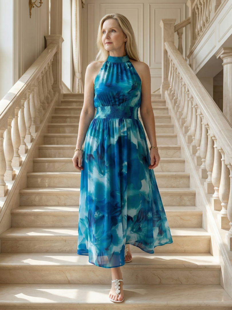Gathered halter midi dress, blue floral tie-dye halter with gathered waist