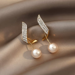 Crystal feather pearl drop earrings with pavé crystal wings