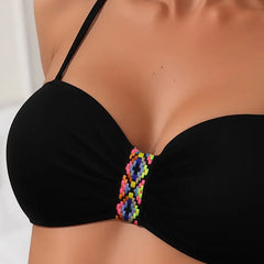 Black bikini top with colorful woven underband and supportive molded cups