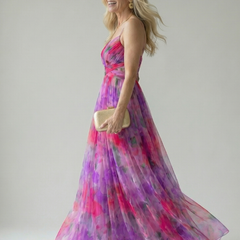 Pink and purple multicolor soft-wrap maxi dress with sleeveless V-neck and hem