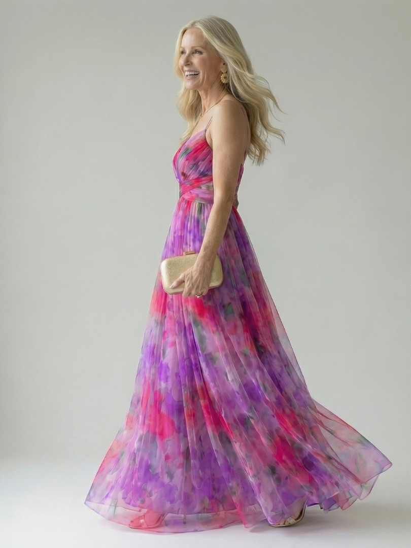 Pink and purple multicolor soft-wrap maxi dress with sleeveless V-neck and hem