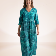 Teal floral relaxed maxi dress with V-neck, three-quarter sleeves, and tiered skirt