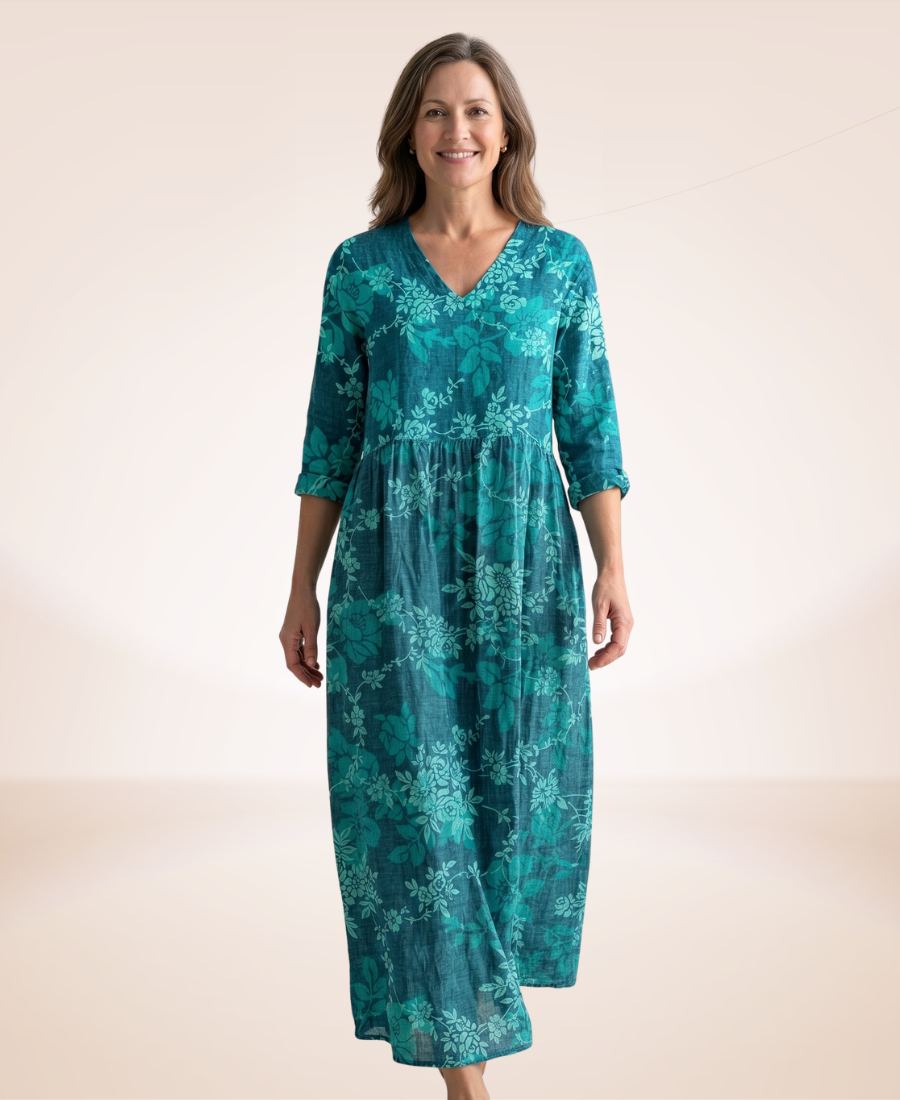 Teal floral relaxed maxi dress with V-neck, three-quarter sleeves, and tiered skirt
