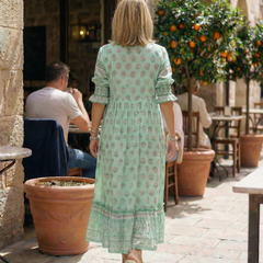 Back view of mint green patterned midi dress with gathered waist and tiered hem