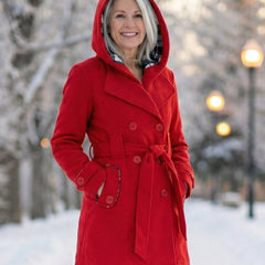 Plaid-collar wool coat, red, hooded with plaid collar and belted waist