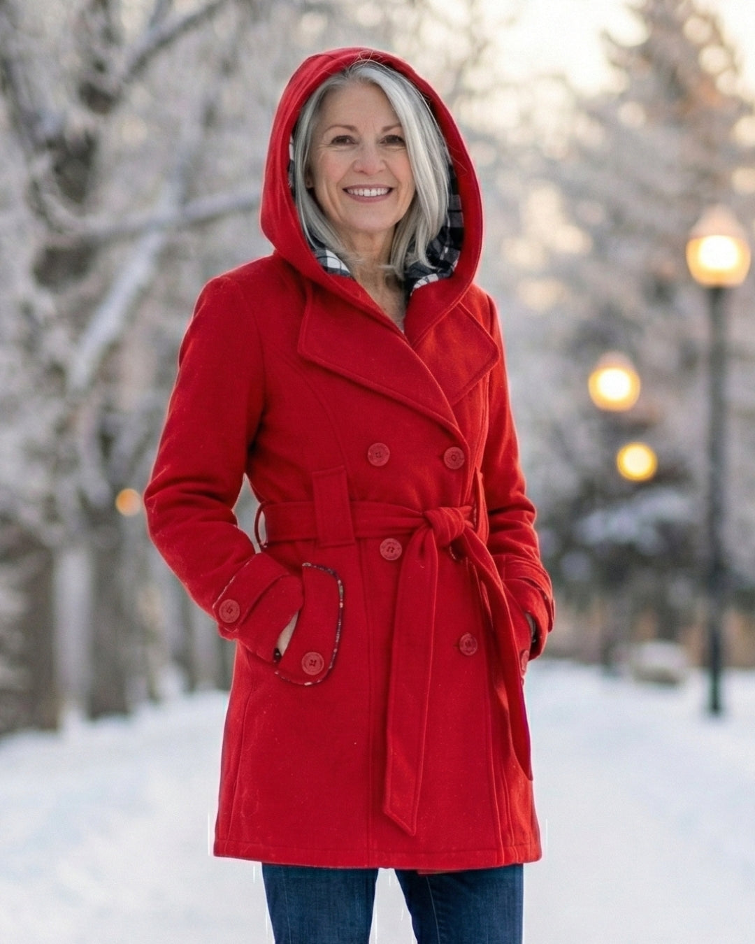 Plaid-collar wool coat, red, hooded with plaid collar and belted waist