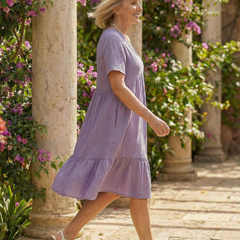 Purple woven ease dress with short sleeves and tiered skirt
