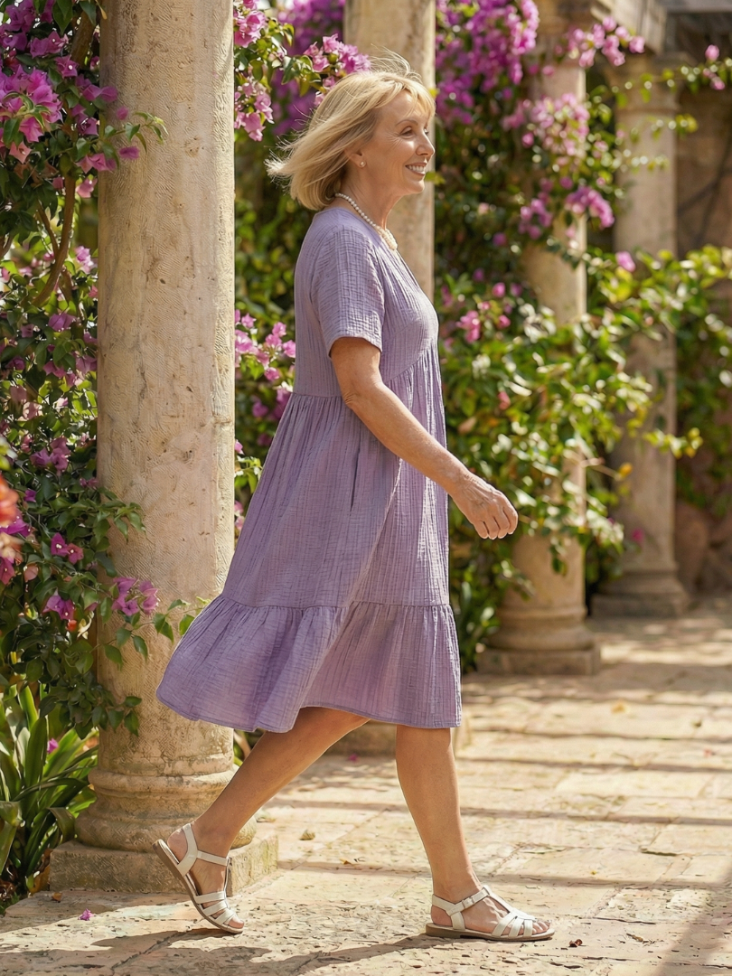 Purple woven ease dress with short sleeves and tiered skirt