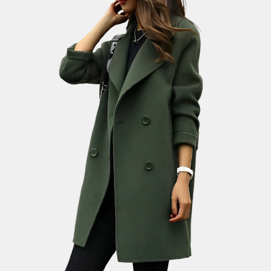 Army green long trench coat with notched lapels and double-breasted button front