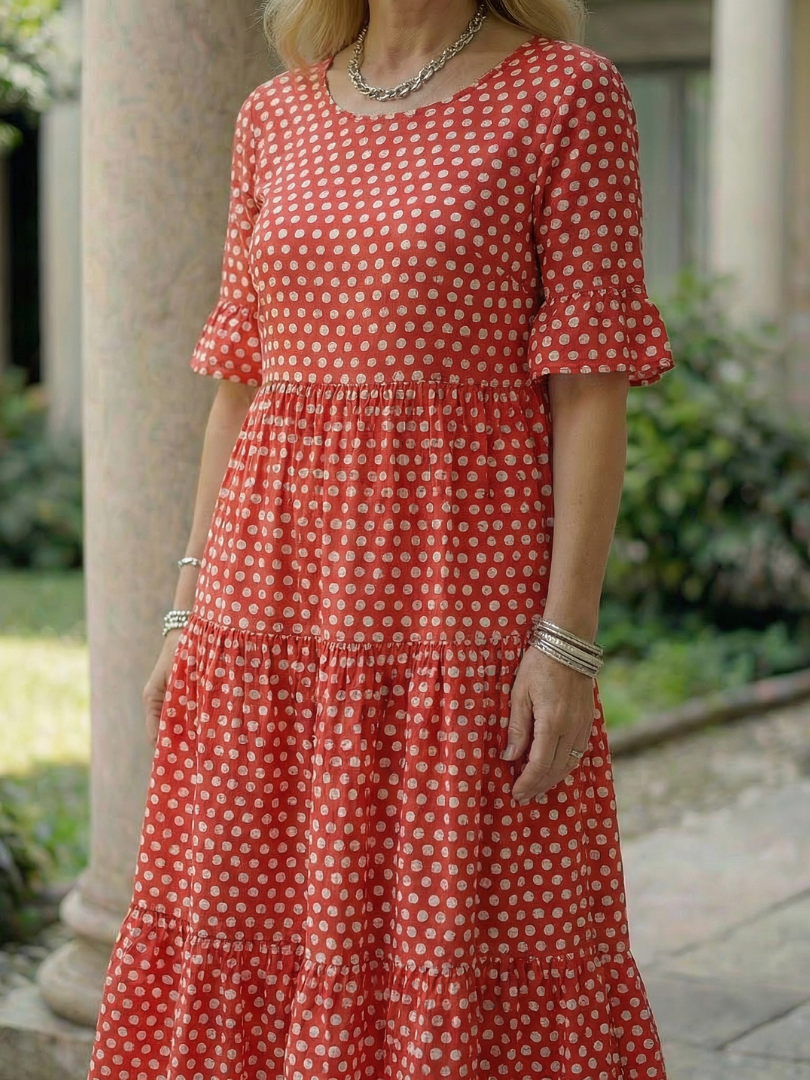 Red polka dot tiered midi dress with short ruffle sleeves and round neckline