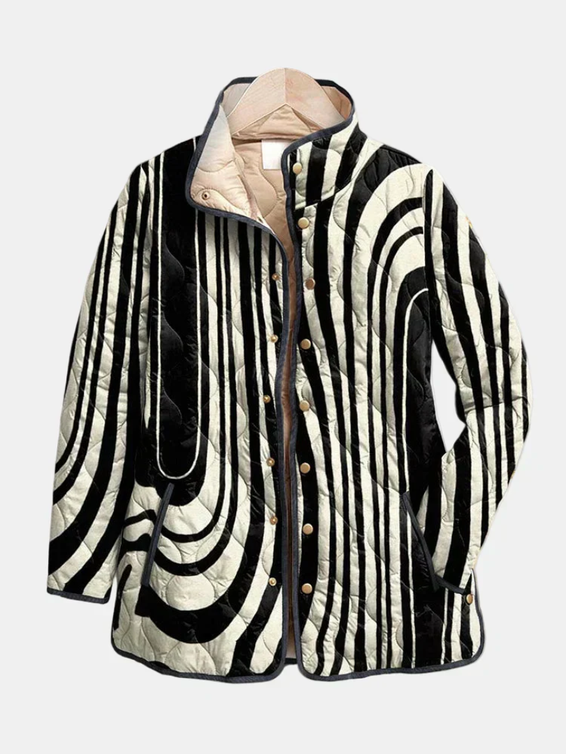 Quilted jacket with black-and-white abstract swirl stripes and tan lining, button front