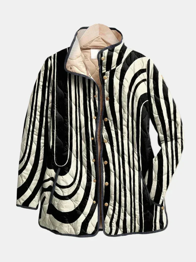 Black and white zebra print quilted jacket with button front
