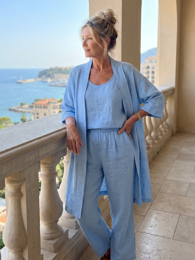 Light blue relaxed three-piece set with scoop-neck top, elastic waist pants, duster