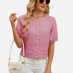 Rose cropped tweed blazer jacket with short sleeves, front buttons, and flap pockets