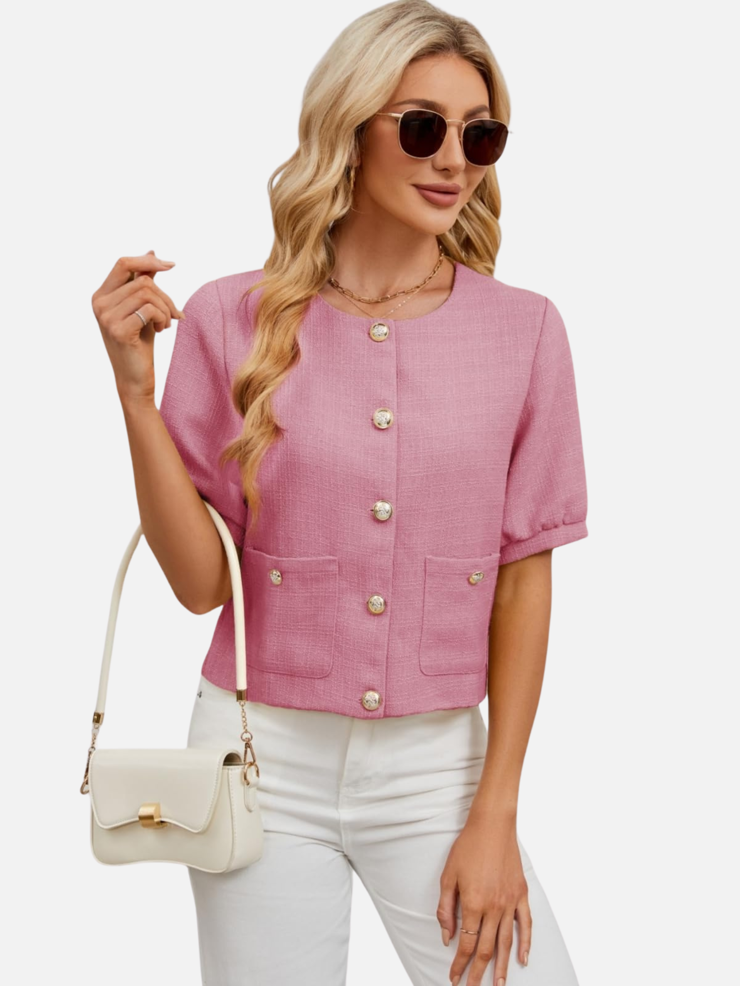 Rose cropped tweed blazer jacket with short sleeves, front buttons, and flap pockets