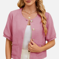 Rose cropped tweed blazer jacket with gold-tone buttons and two front flap pockets