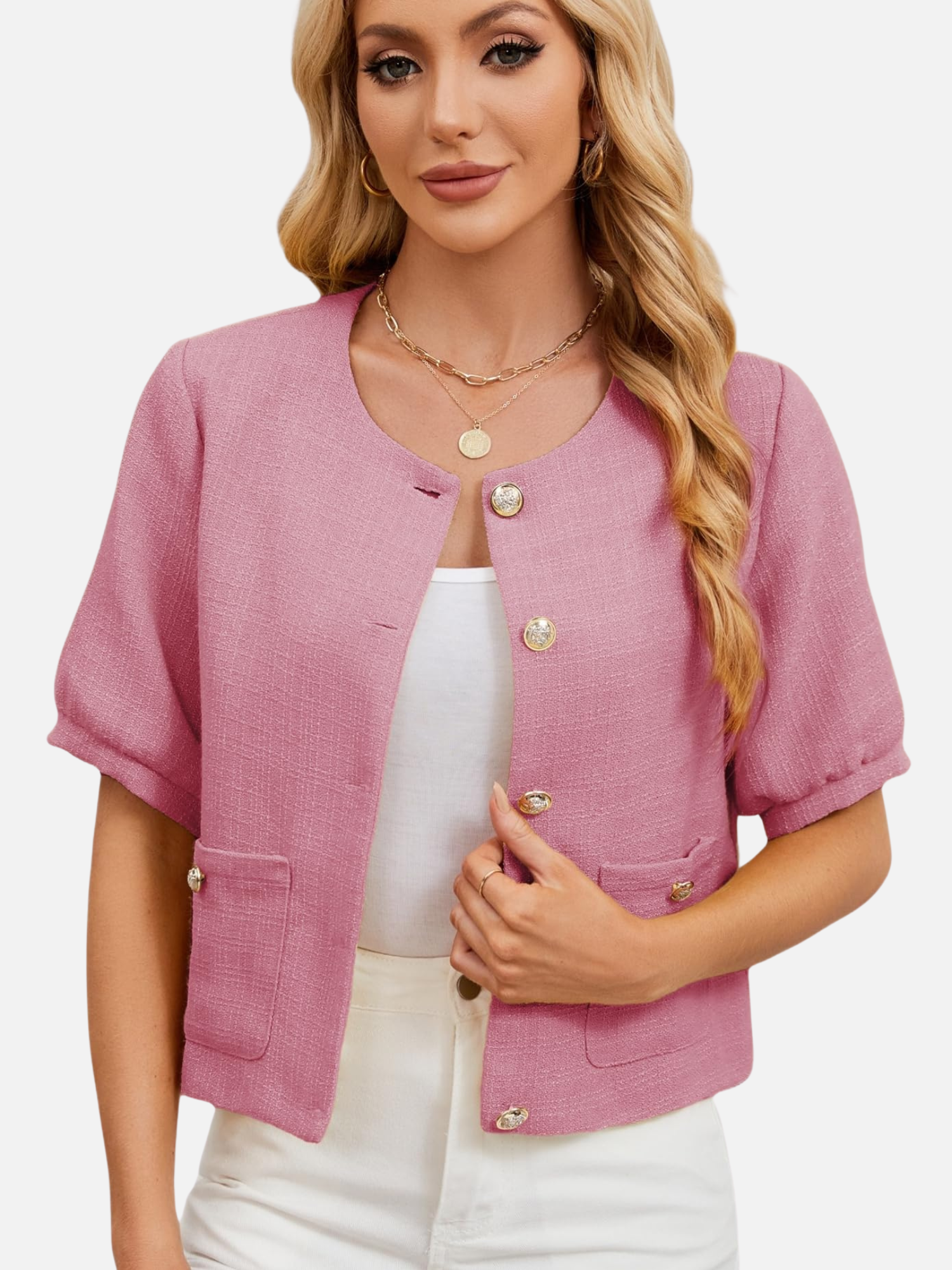 Rose cropped tweed blazer jacket with gold-tone buttons and two front flap pockets