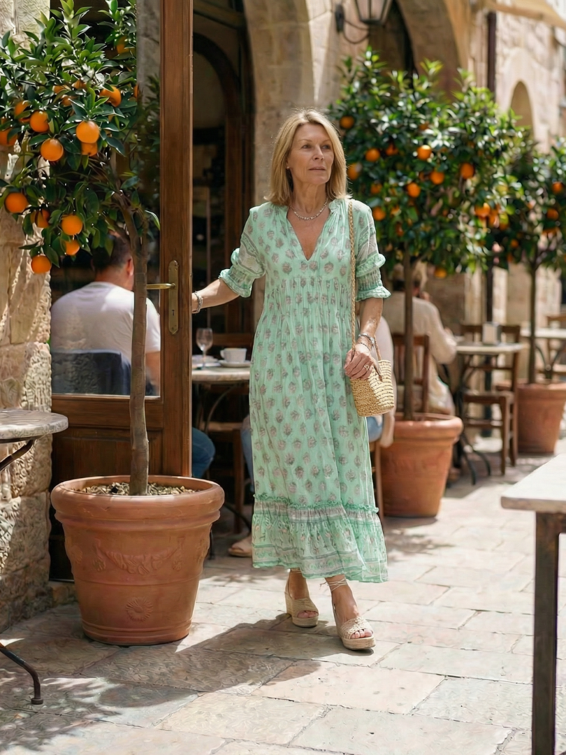 Sky blue V-neck tiered midi dress, front view, tiered skirt and floral print