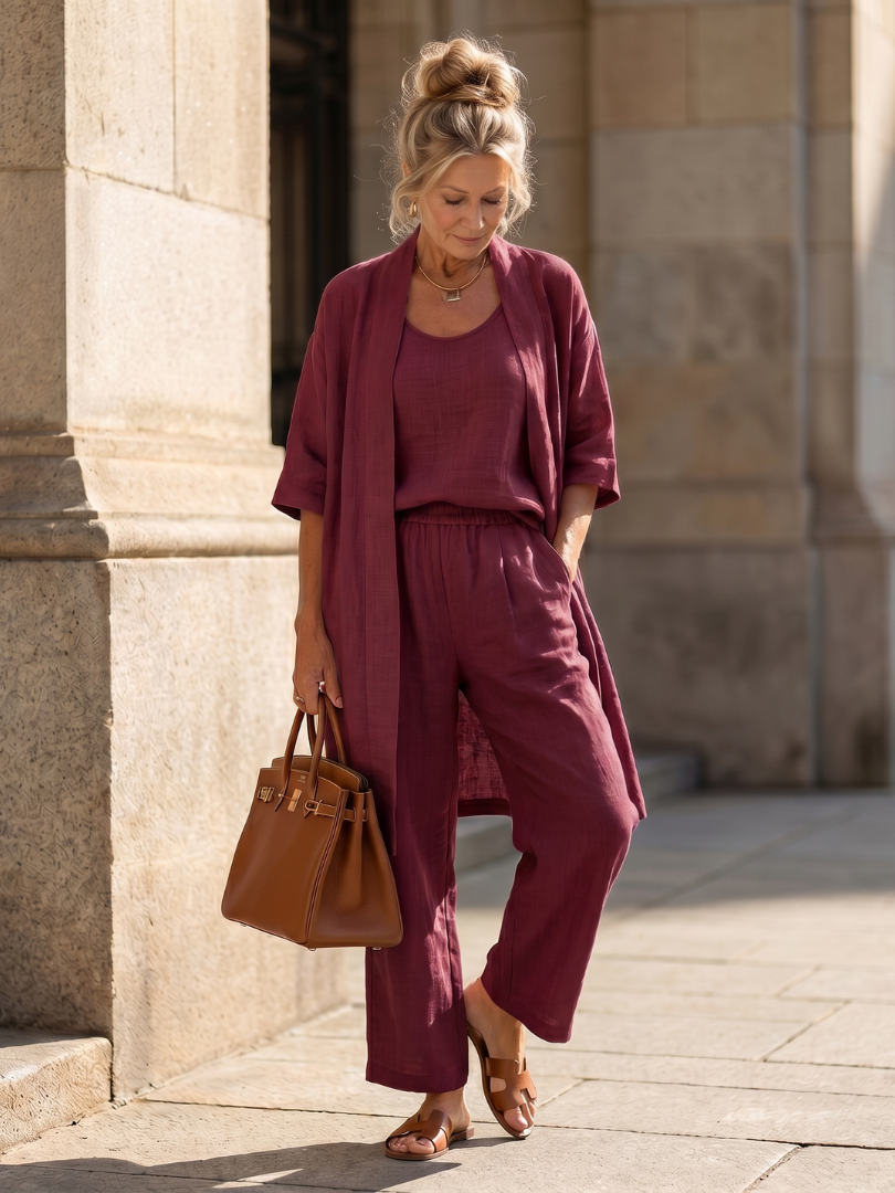 Red three-piece set with relaxed cardigan, scoop-neck top and wide-leg trousers