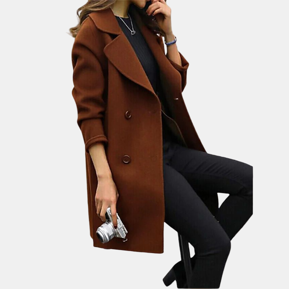 Brown classic trench coat with wide lapels and double-breasted button front