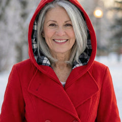 Plaid-collar wool coat, red, hood with plaid inner collar and front button closure