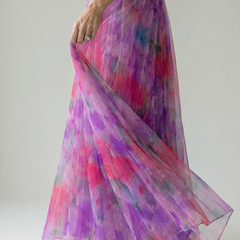 Pink-purple soft-wrap maxi dress skirt with side drape and gathered wrap waist
