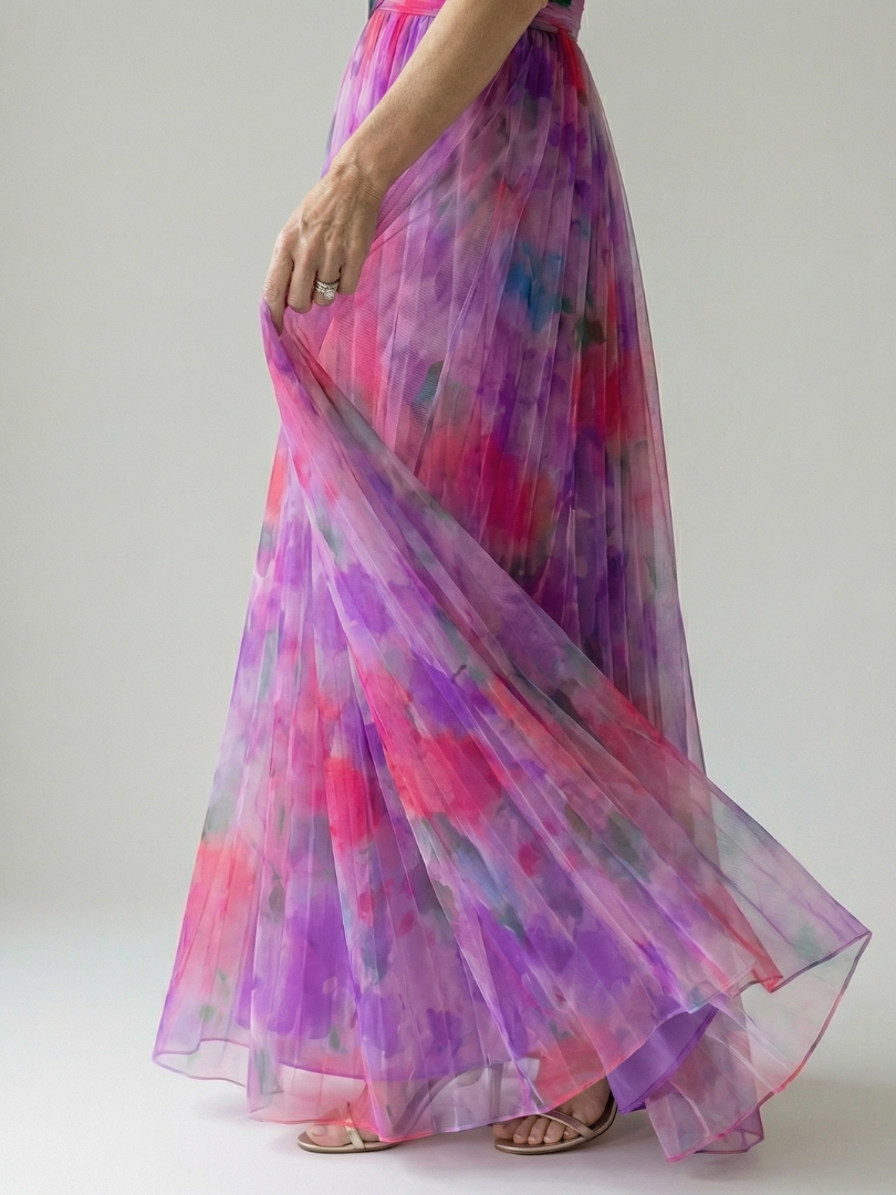 Pink-purple soft-wrap maxi dress skirt with side drape and gathered wrap waist