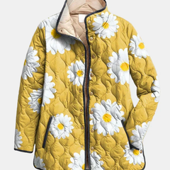 Yellow quilted jacket with large white daisy and grey leaf pattern