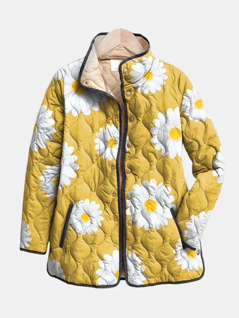 Yellow quilted jacket with large white daisy and grey leaf pattern