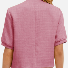 Rose cropped tweed blazer jacket, back view with center seam and short sleeves