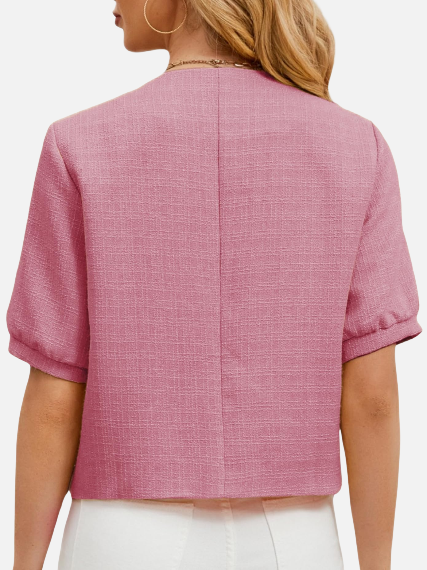 Rose cropped tweed blazer jacket, back view with center seam and short sleeves