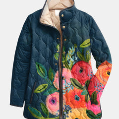 Quilted floral print jacket, navy base with button-up front and cream lining at collar