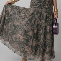 Off-shoulder maxi dress with dark green leaf print, close-up of gathered, sheer skirt