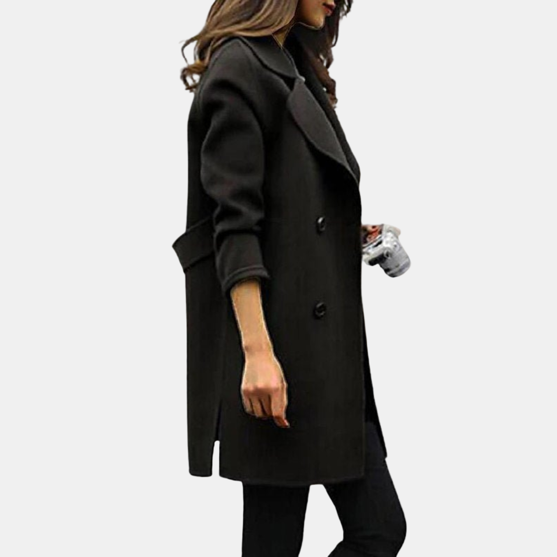 Black classic trench coat with notched lapels and double-breasted buttons, longline