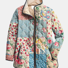 Multicolour floral quilted jacket close-up with front zipper and padded lining