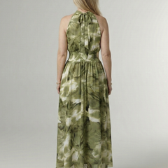 Gathered halter midi dress, green floral tie-dye back with gathered waist