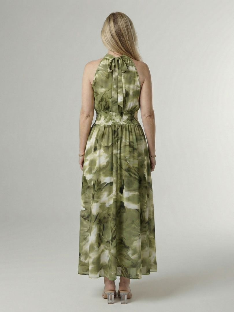 Gathered halter midi dress, green floral tie-dye back with gathered waist