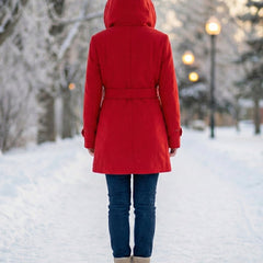 Red wool hooded coat with belt at waist and button front closure.