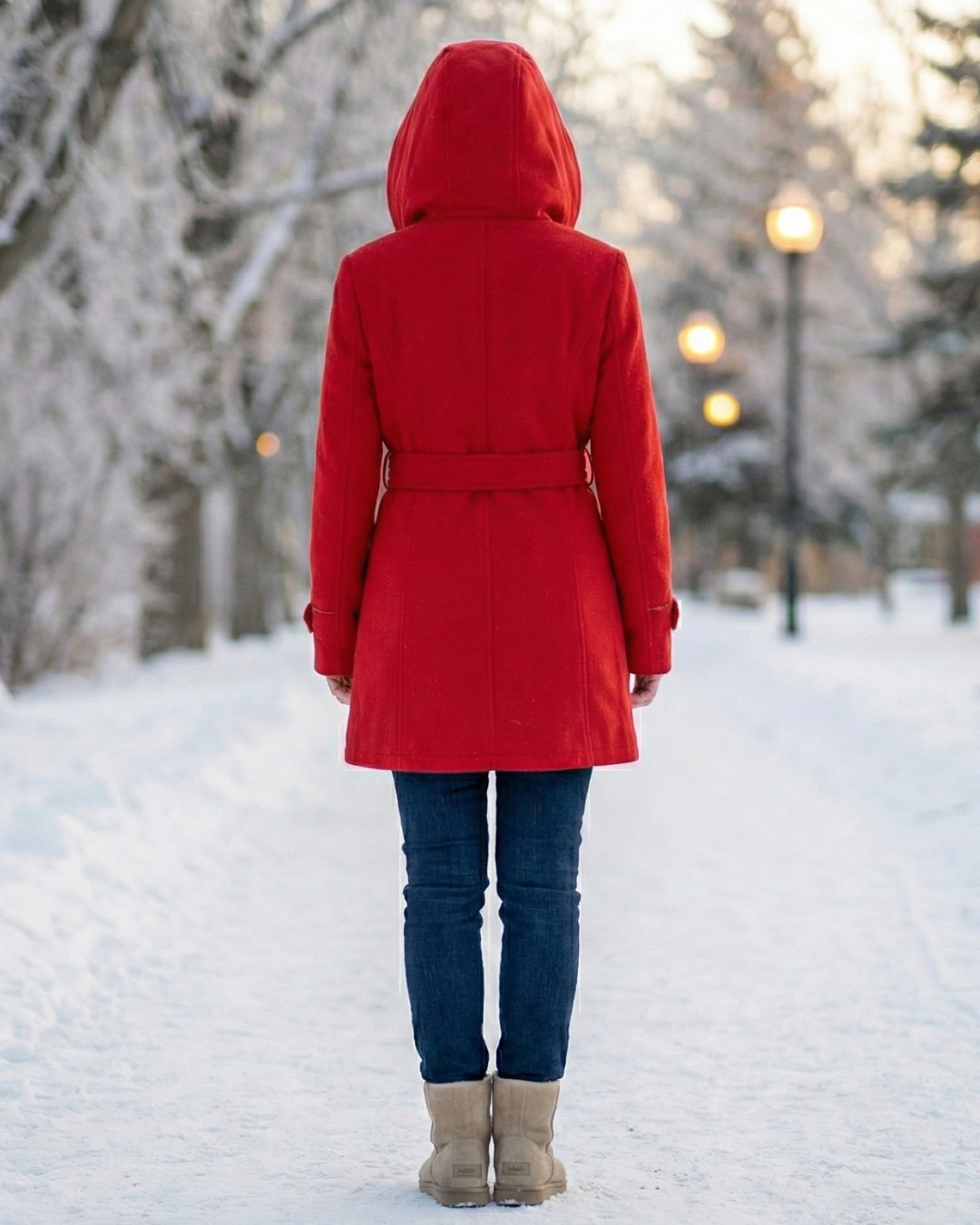 Red wool hooded coat with belt at waist and button front closure.