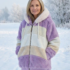Colorblock plush jacket with hood, zip front, white drawstrings; lavender, cream, beige panels