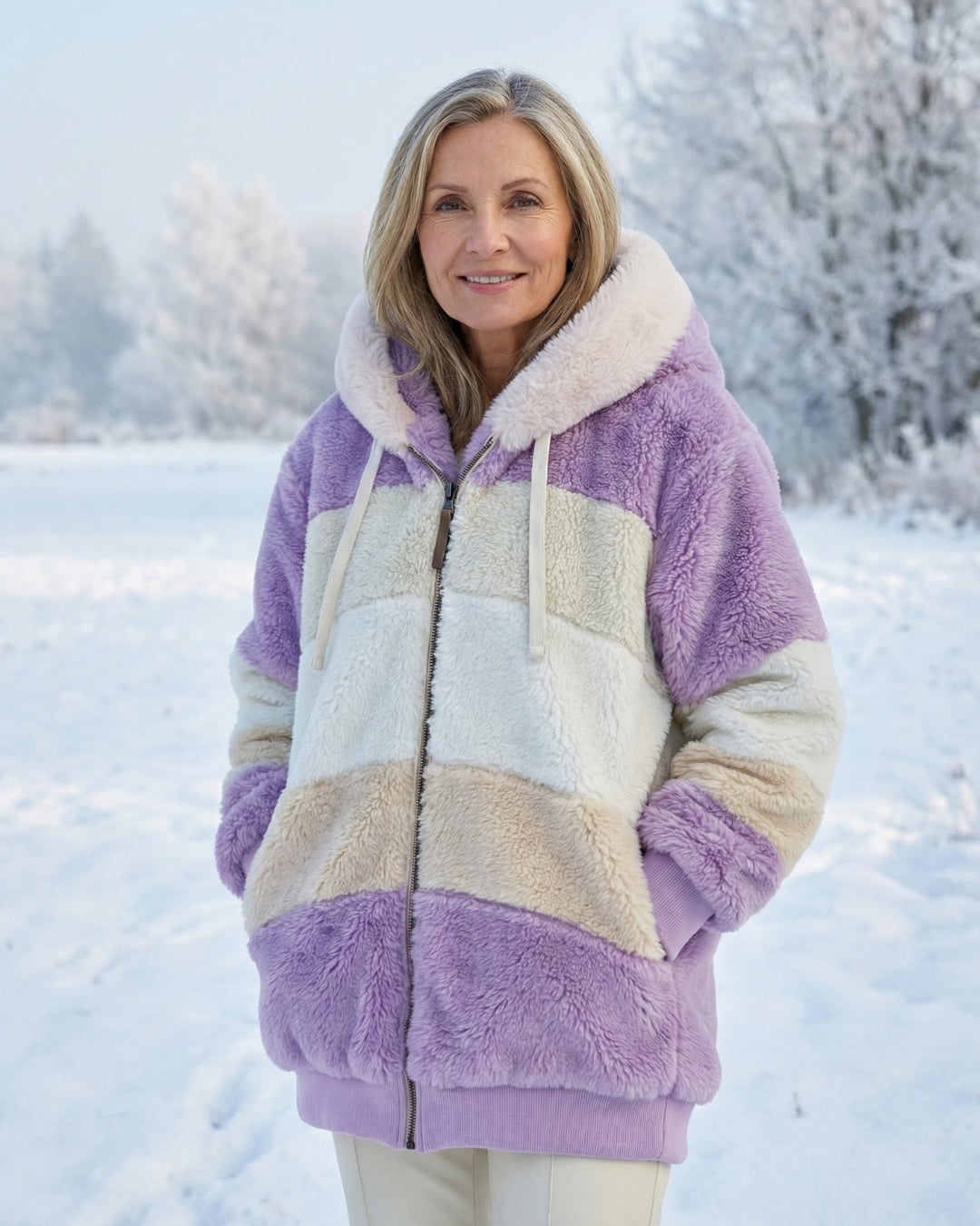 Colorblock plush jacket with hood, zip front, white drawstrings; lavender, cream, beige panels