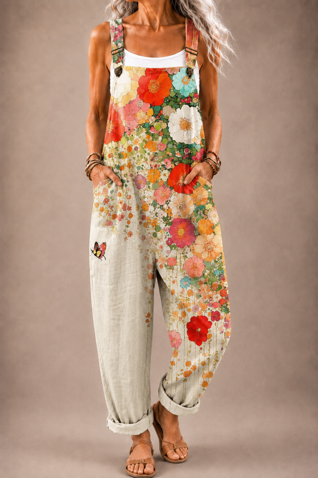 Floral sleeveless wide-leg overalls with multicolor patchwork print