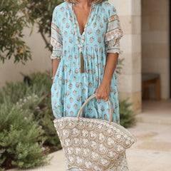 Sky blue printed half-sleeve V-neck tiered dress with gathered waist