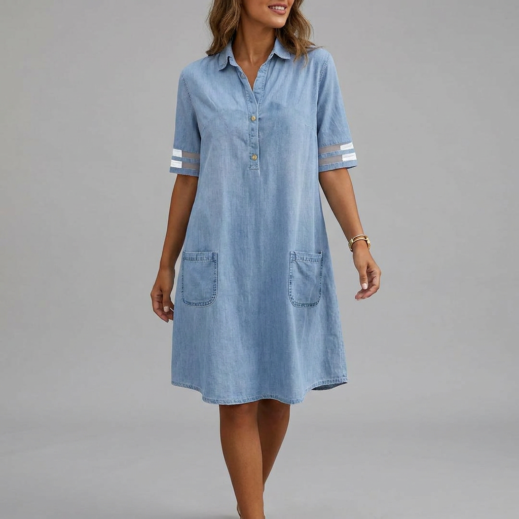 Light blue denim shirt dress with collared neckline, button front, and two front patch pockets